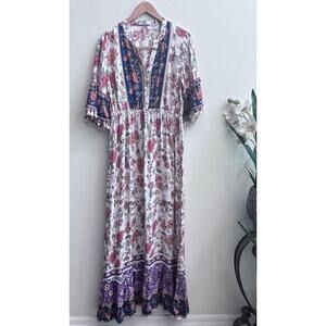 Boho Anany Floral Print Pompom Tassel Trim Maxi Dress Bell Sleeve Women's Sz XL